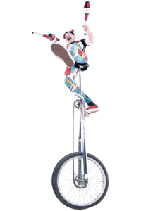 clown juggling on a unicycle